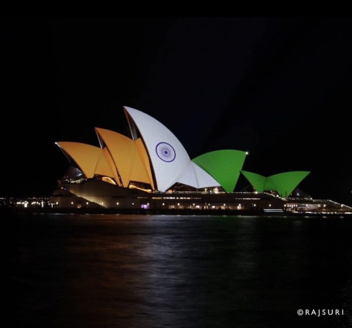 Historical moment Indian 75th Independence Day celebrated with Indian Flag colours on Sydney Opera House Photographer Raj Suri