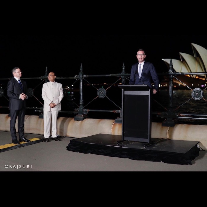 Hon. @dom.perrottet, Premier of NSW, officially leads the countdown of “Lights On” of Indian Flag 🇮🇳 colours on the iconic Sydney Opera House. (first time in history)
